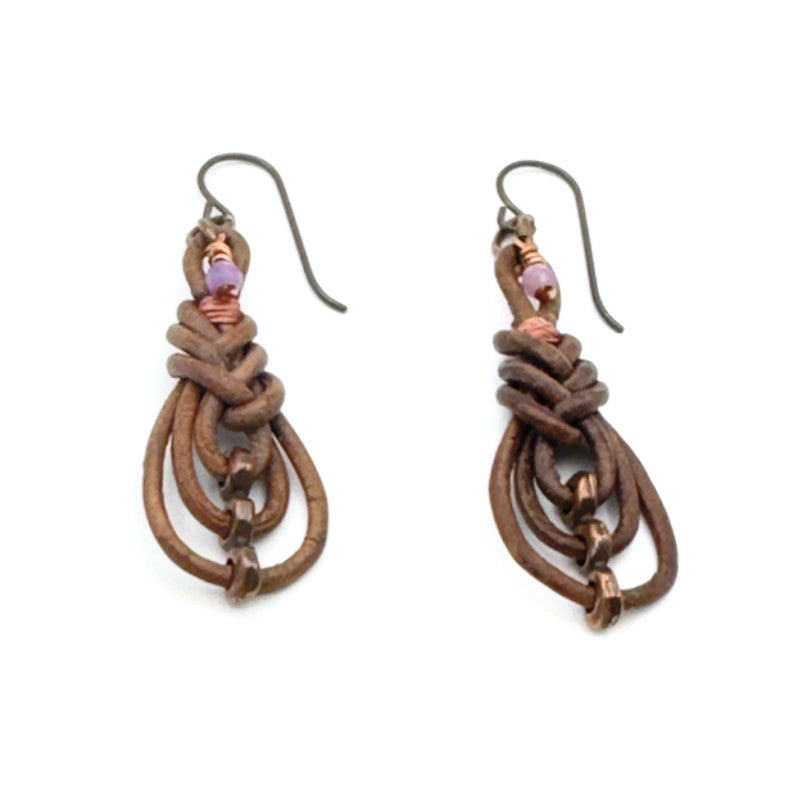 Purple Ruby and Natural Grey Leather Antique Copper Earrings with Anodized Niobium Copper Earwires