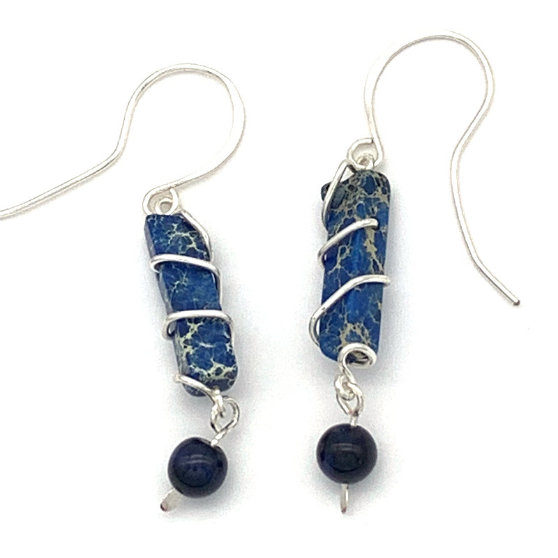 Abstract Necklace and Earring Set, Blue Tiger's Eye and Variscite, Non-tarnish Silver-plated