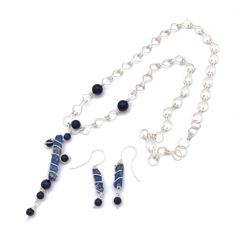 Abstract Necklace and Earring Set, Blue Tiger's Eye and Variscite, Non-tarnish Silver-plated