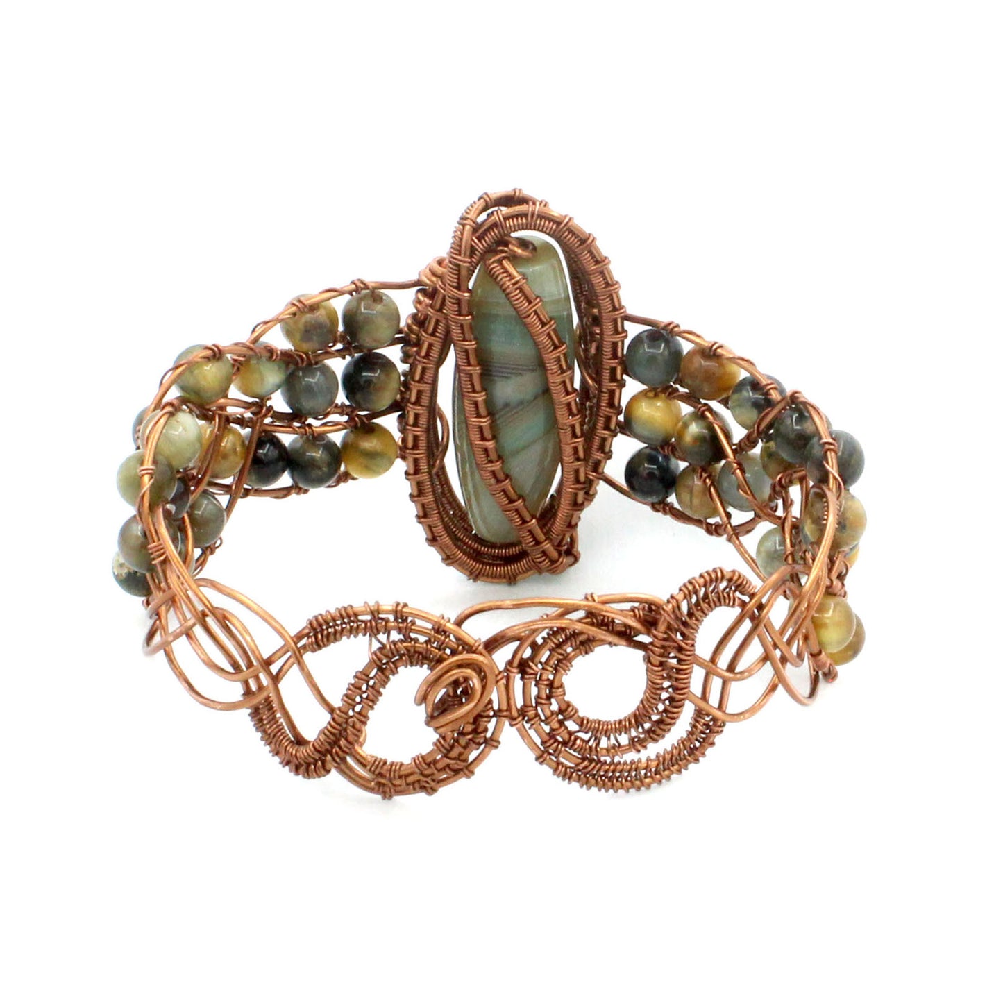 Hinged, Braided Cuff Antique Copper Wire-Wrapped Bangle Bracelet - Green Banded Agate and Hawk's Eye