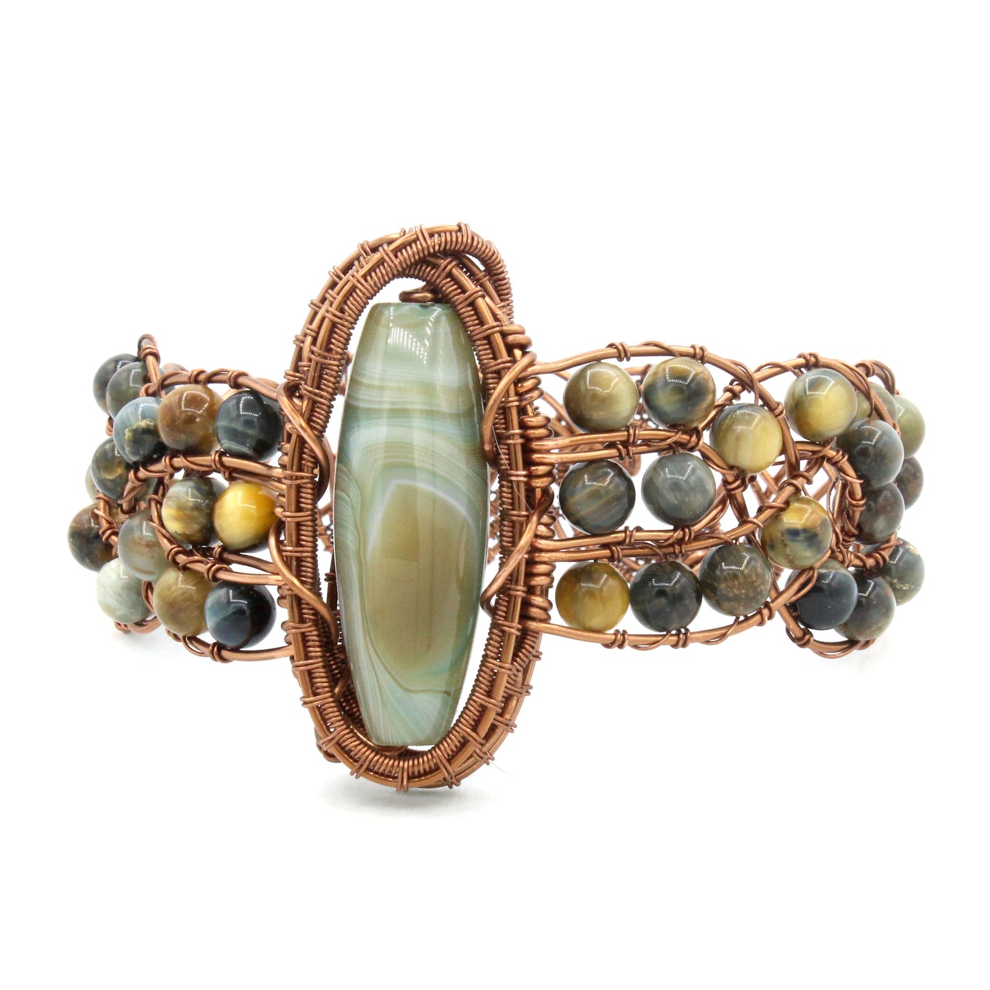 Hinged, Braided Cuff Antique Copper Wire-Wrapped Bangle Bracelet - Green Banded Agate and Hawk's Eye