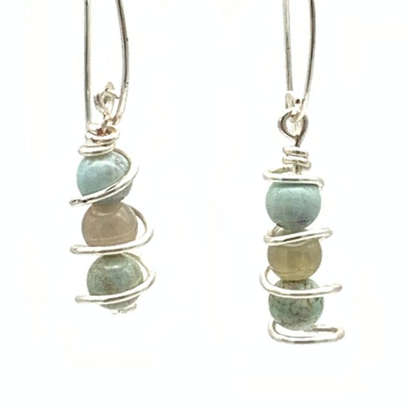 3-stone Terra Agate Non-tarnish Silver-plated Silver Column Earrings with Shepherd's Hook