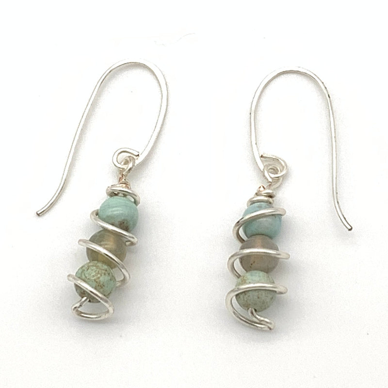 3-stone Terra Agate Non-tarnish Silver-plated Silver Column Earrings with Shepherd's Hook