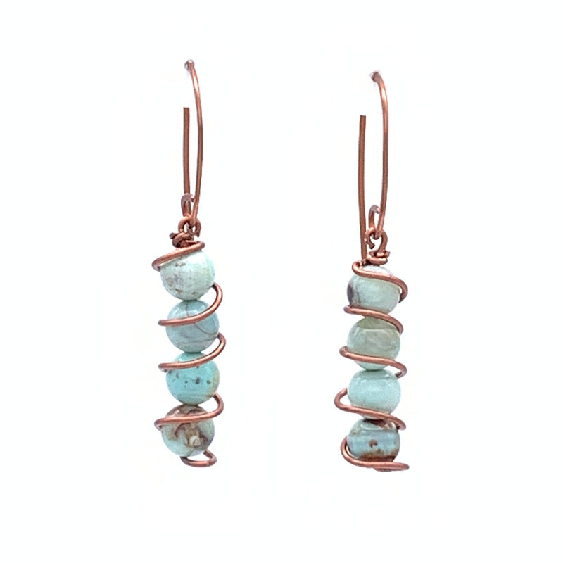 4-stone Terra Agate Non-tarnish Antique Copper Column Earrings with Shepherd's Hook