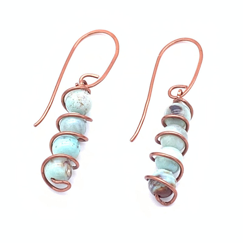 4-stone Terra Agate Non-tarnish Antique Copper Column Earrings with Shepherd's Hook
