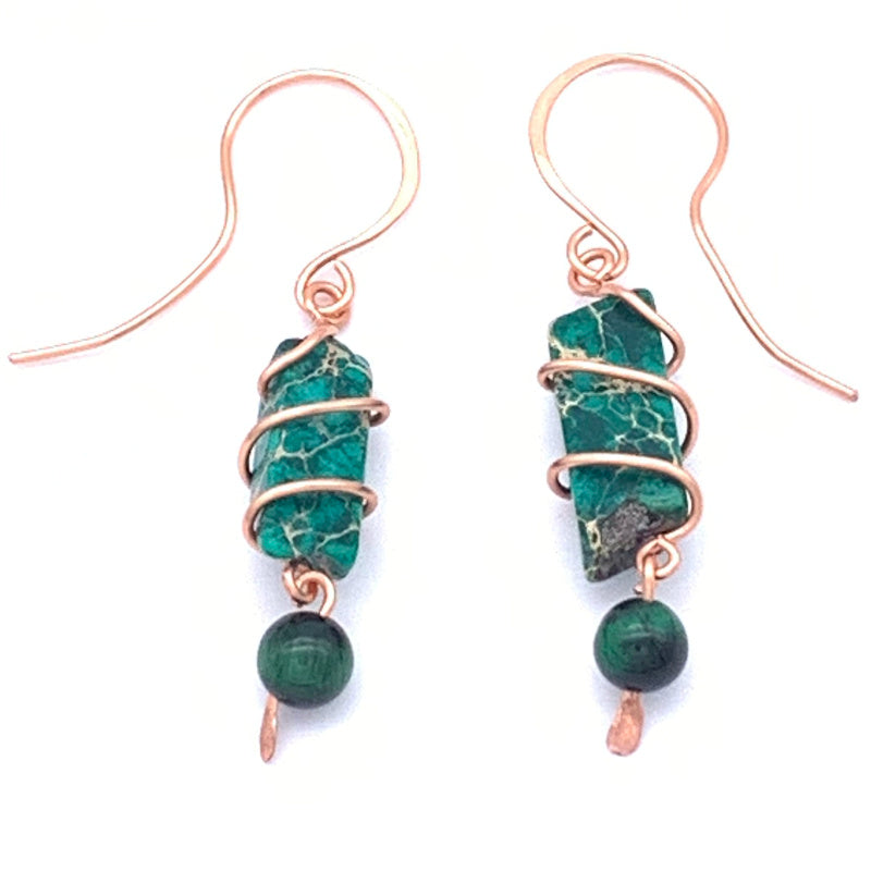 Abstract Necklace and Earring Set, Green Tiger's Eye and Variscite Non-tarnish Copper