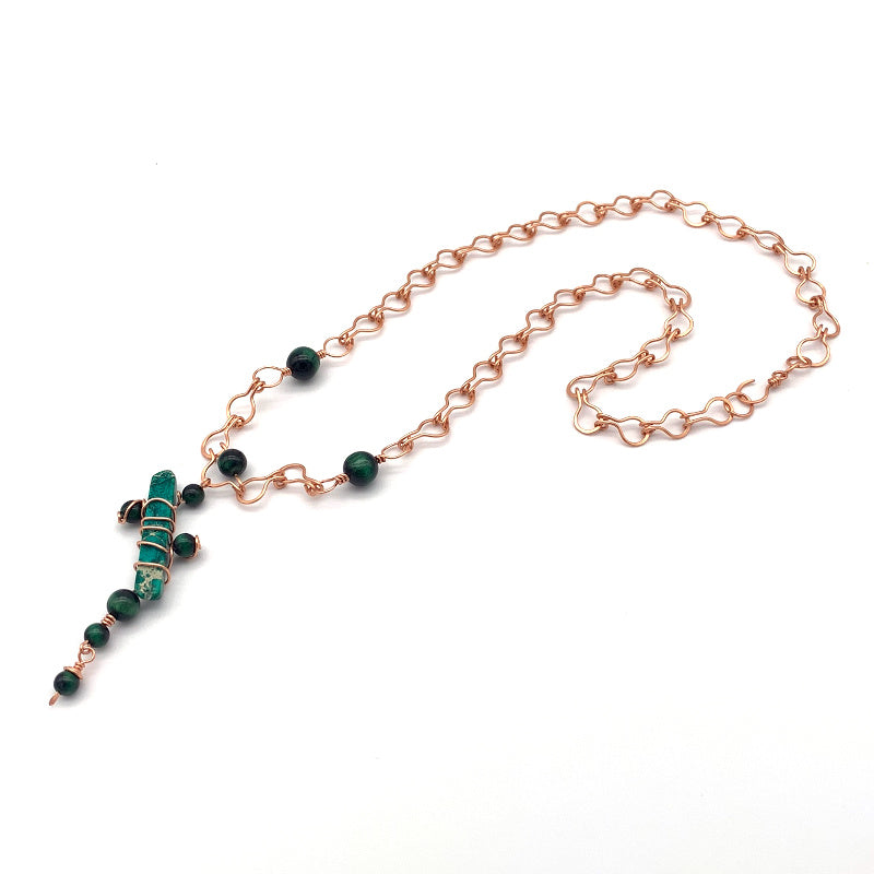 Abstract Necklace and Earring Set, Green Tiger's Eye and Variscite Non-tarnish Copper