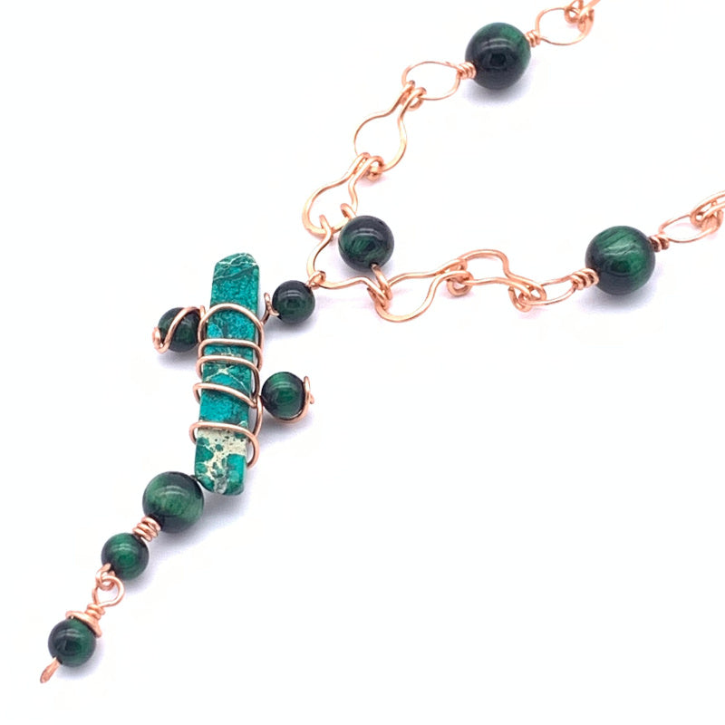 Abstract Necklace and Earring Set, Green Tiger's Eye and Variscite Non-tarnish Copper