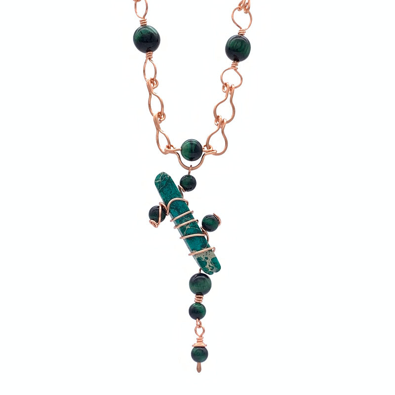 Abstract Necklace and Earring Set, Green Tiger's Eye and Variscite Non-tarnish Copper