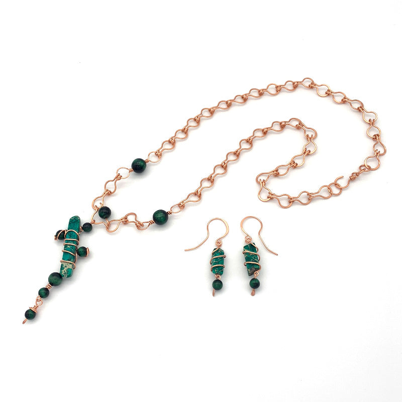 Abstract Necklace and Earring Set, Green Tiger's Eye and Variscite Non-tarnish Copper