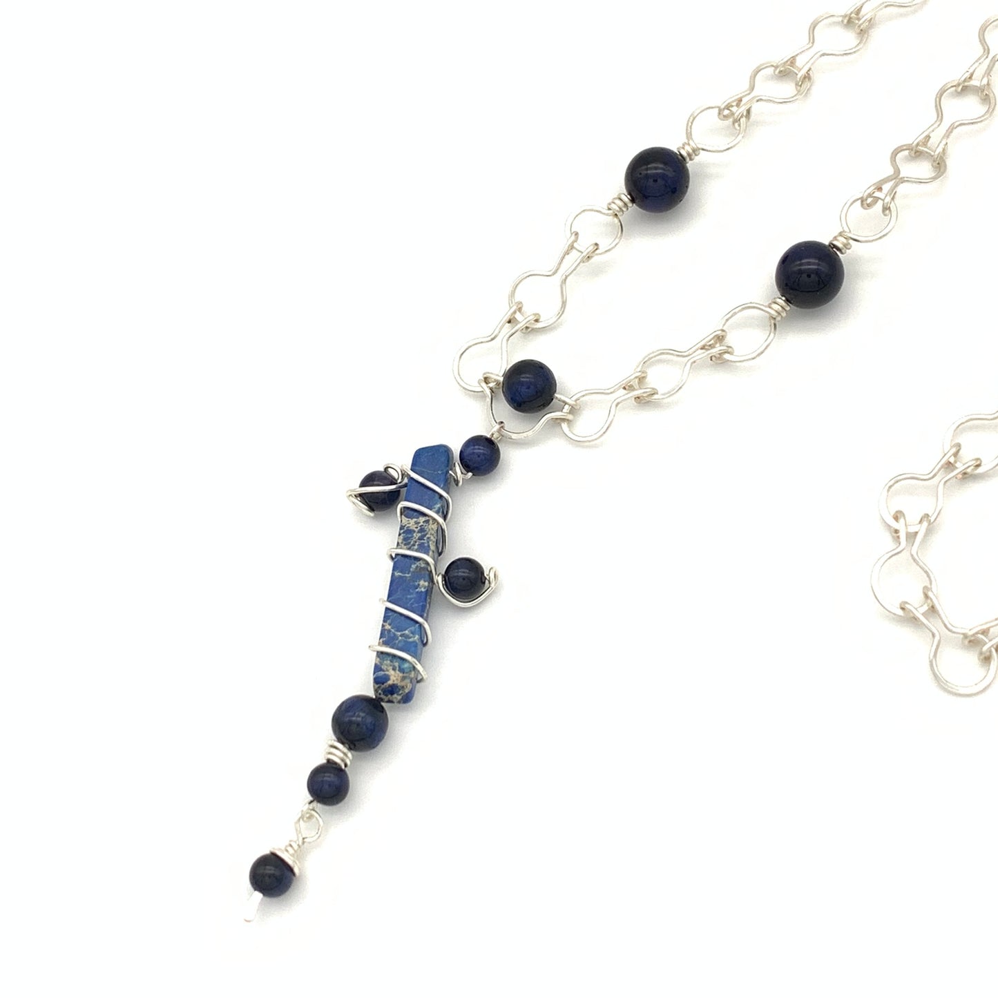 Abstract Necklace and Earring Set, Blue Tiger's Eye and Variscite, Non-tarnish Silver-plated
