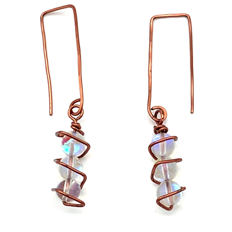 3-bead Iridescent Specialty Glass Non-tarnish Antique Copper Square Column Earrings