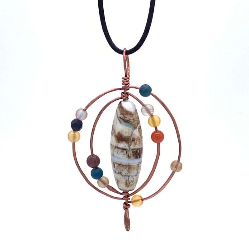 Orbit Multi-stone, Hammered, and Wire-Wrapped Pendant/Necklace