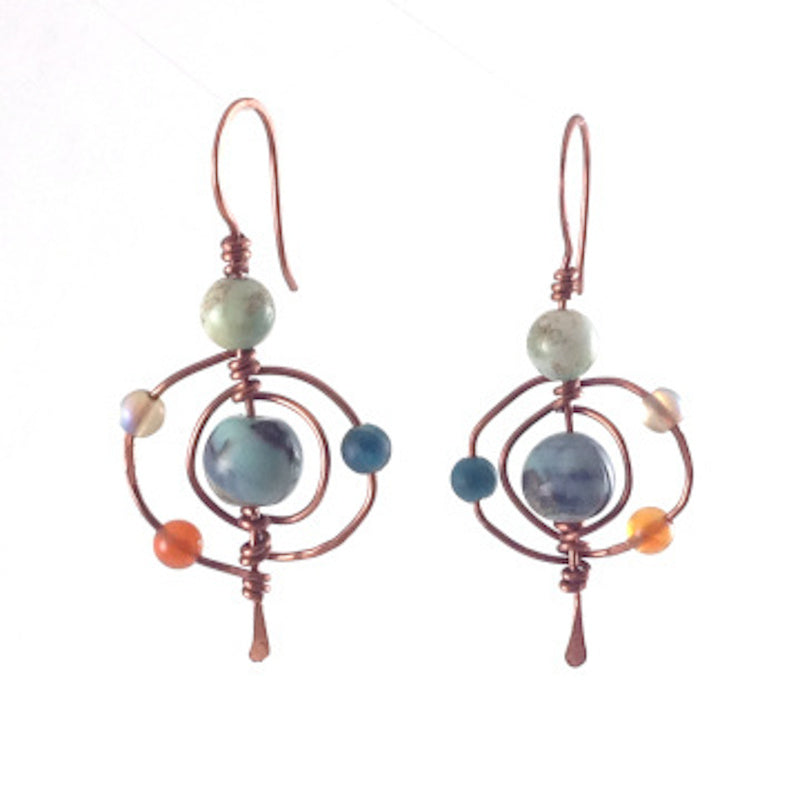 Orbit Multi-stone, Hammered and Wire-wrapped Earrings with Shepherd's Hook