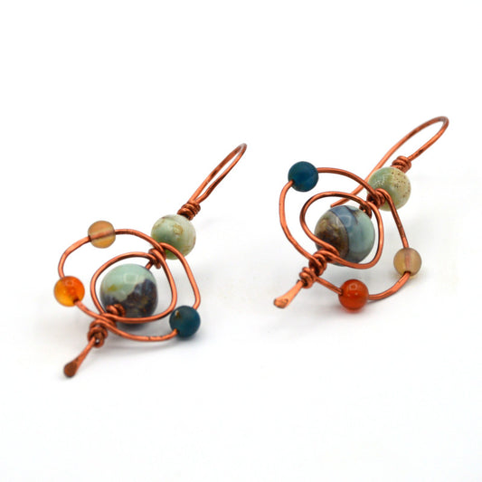 Orbit Multi-stone, Hammered and Wire-wrapped Earrings with Shepherd's Hook