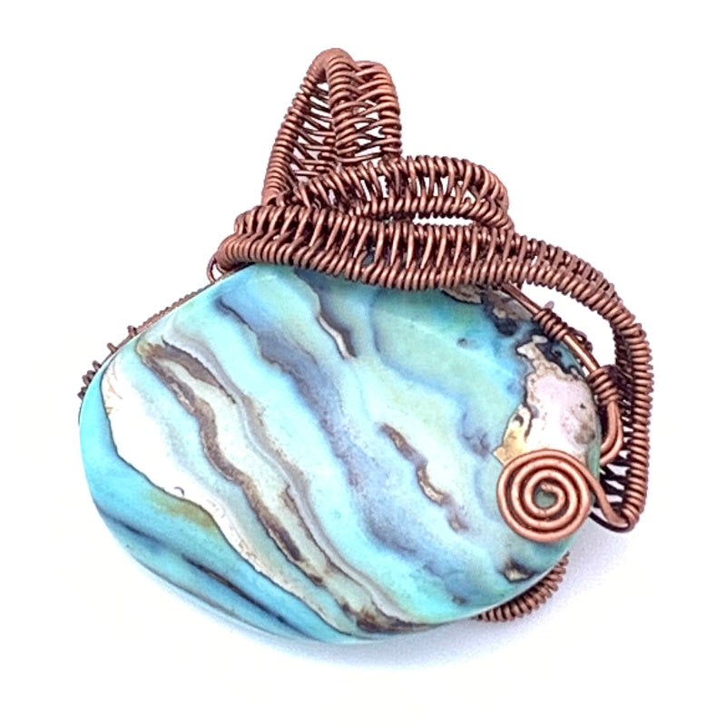 East-West Oval Blue Terra Agate Pendant, Non-tarnish Antique Copper Wire Wrapped/Woven