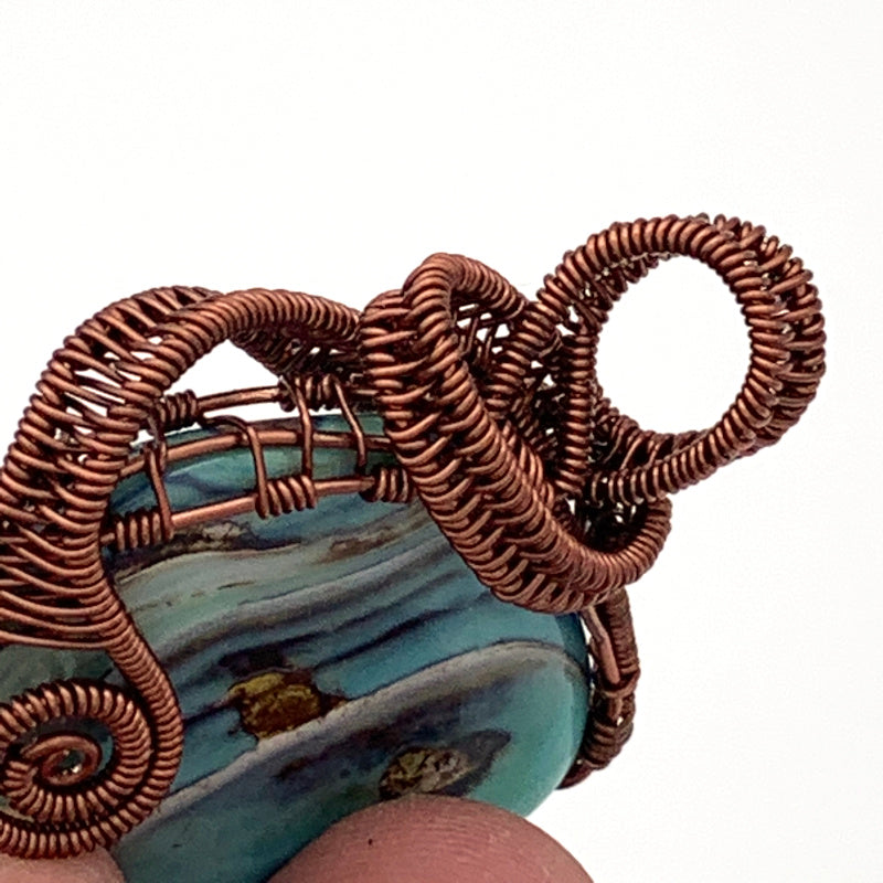 East-West Oval Blue Terra Agate Pendant, Non-tarnish Antique Copper Wire Wrapped/Woven