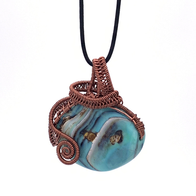East-West Oval Blue Terra Agate Pendant, Non-tarnish Antique Copper Wire Wrapped/Woven