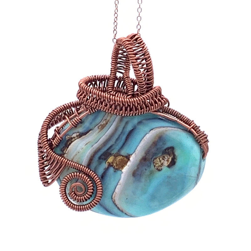 East-West Oval Blue Terra Agate Pendant, Non-tarnish Antique Copper Wire Wrapped/Woven
