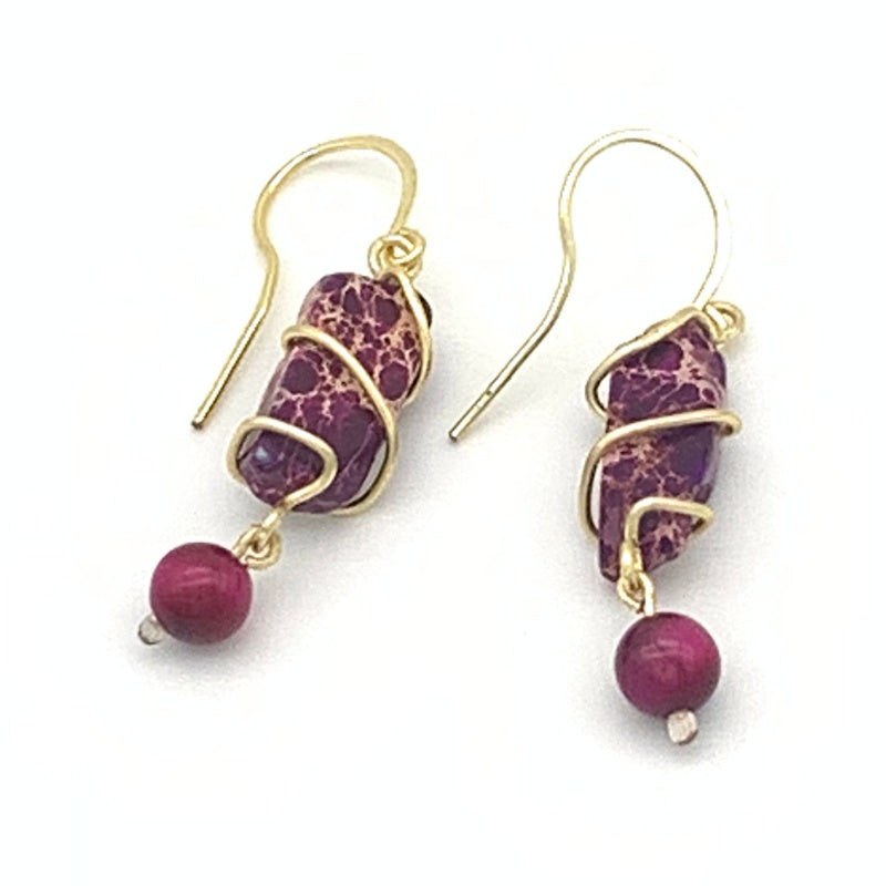 Abstract Necklace and Earring Set, Pink Tiger's Eye and Purple Variscite, Non-Tarnish Silver-plated Gold