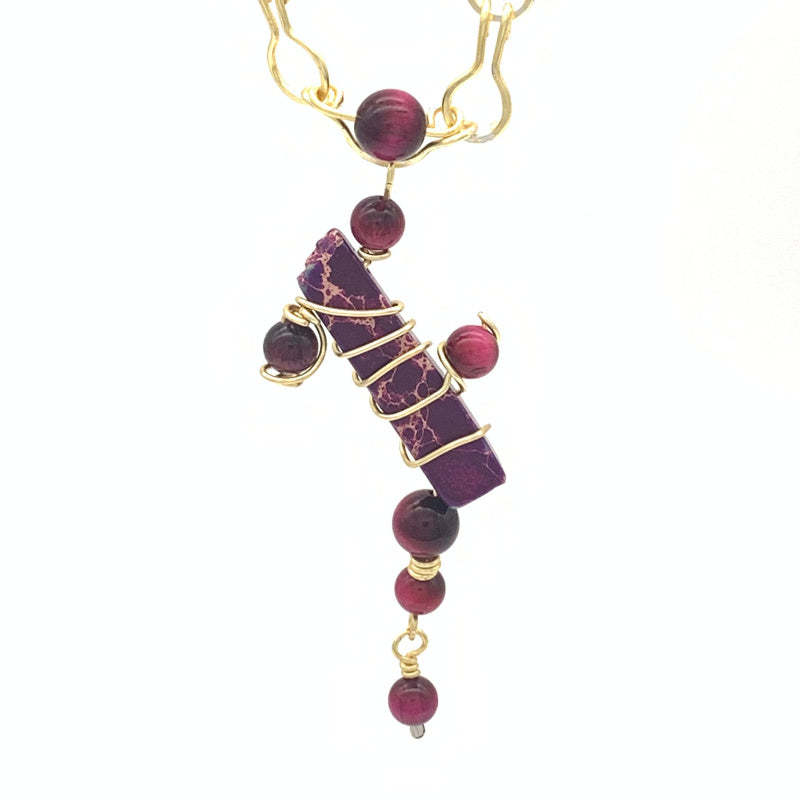 Abstract Necklace and Earring Set, Pink Tiger's Eye and Purple Variscite, Non-Tarnish Silver-plated Gold