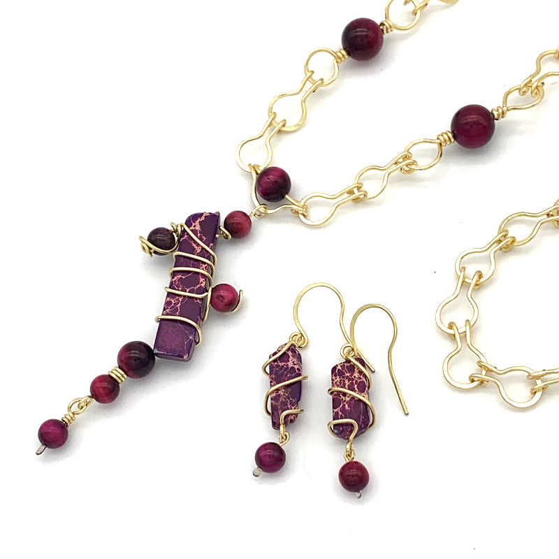 Abstract Necklace and Earring Set, Pink Tiger's Eye and Purple Variscite, Non-Tarnish Silver-plated Gold