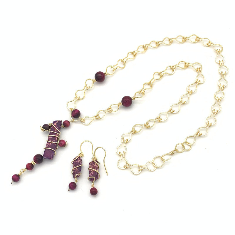 Abstract Necklace and Earring Set, Pink Tiger's Eye and Purple Variscite, Non-Tarnish Silver-plated Gold