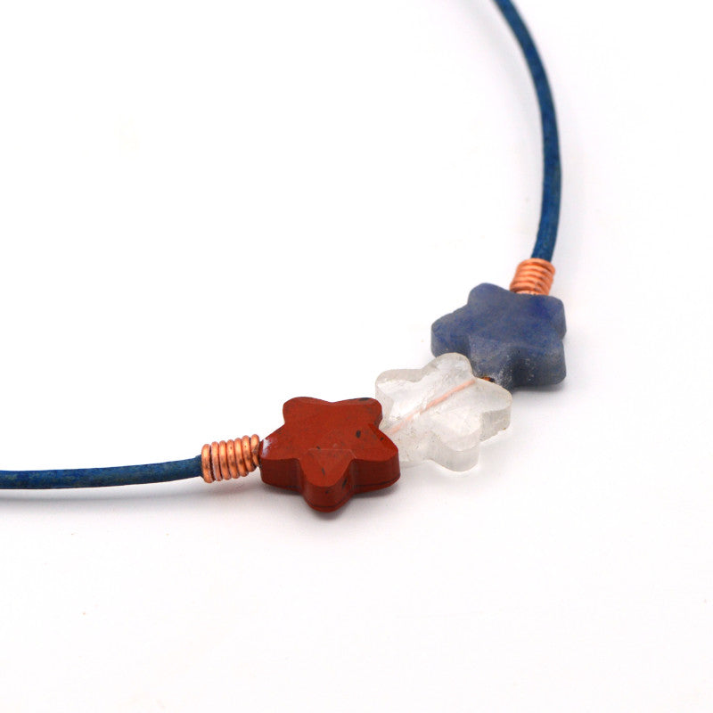 250 Years Celebration Red Jasper, Crystal Quartz, Blue Aventurine Star Blue Leather Necklace with Magnetic Clasp