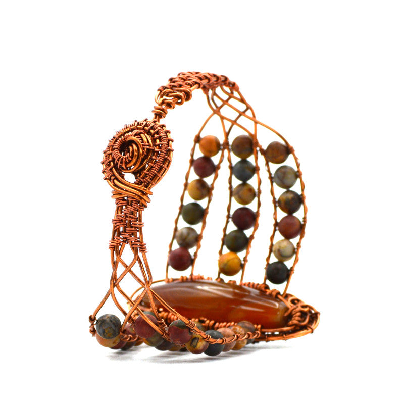 Hinged Cuff Antique Copper Wire-Wrapped Bangle Bracelet - Banded Agate and Jasper