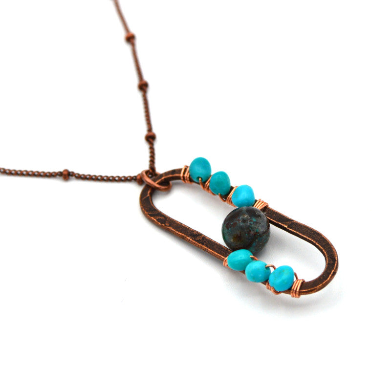 Mile High Ranch, Bisbee, AZ-Inspired Shattuckite and Sleeping Beauty Turquoise Copper Oval Pendant with Satelite Chain