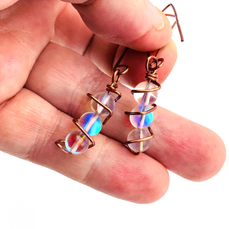 3-bead Iridescent Specialty Glass Non-tarnish Antique Copper Square Column Earrings