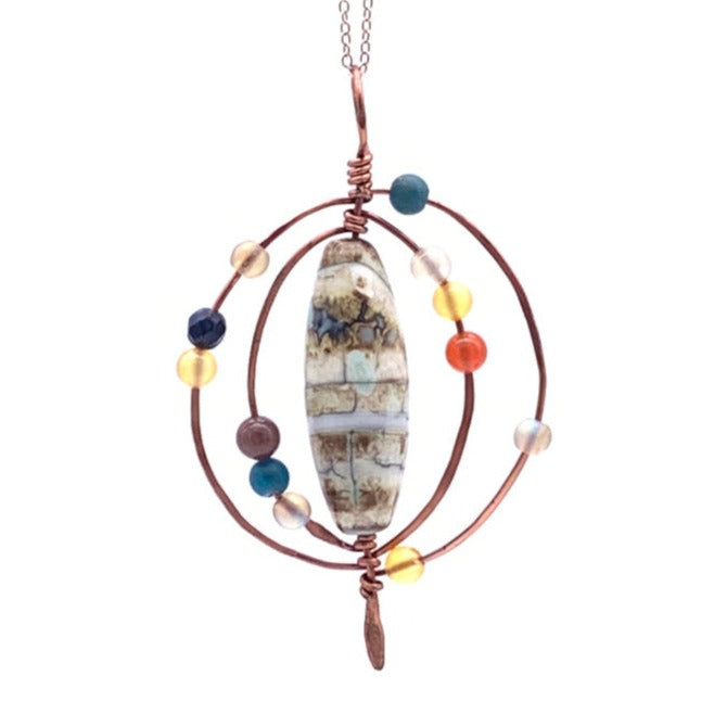Orbit Multi-stone, Hammered, and Wire-Wrapped Pendant/Necklace