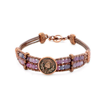 Purple Ruby and Natural Grey Leather Double Ladder Antique Copper Thistle Bracelet