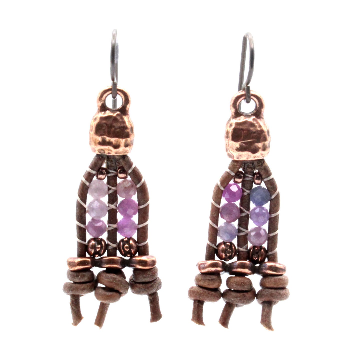 Purple Ruby and Natural Grey Leather Double Ladder Antique Copper Earrings with Anodized Niobium Copper Earwires