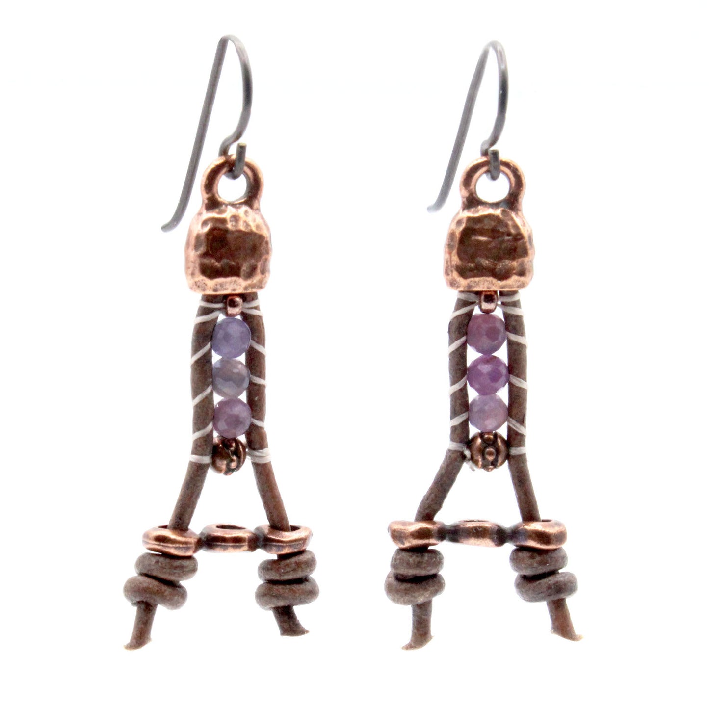 Purple Ruby and Natural Grey Leather Single Ladder Antique Copper Earrings with Anodized Niobium Copper Earwires