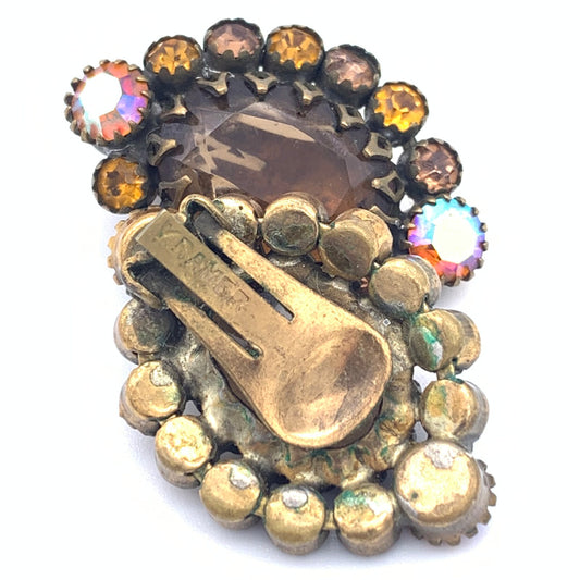 Vintage Kramer clip earrings, brown, yellow, and aura borealis rhinestones, prong set, Circa 1945