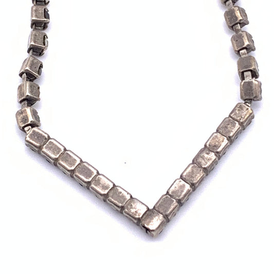 Vintage Black and Clear Rhinestone Cupchain Chevron focal Necklace, Antique Silver/Pewter tone, flip-over clasp, unmarked