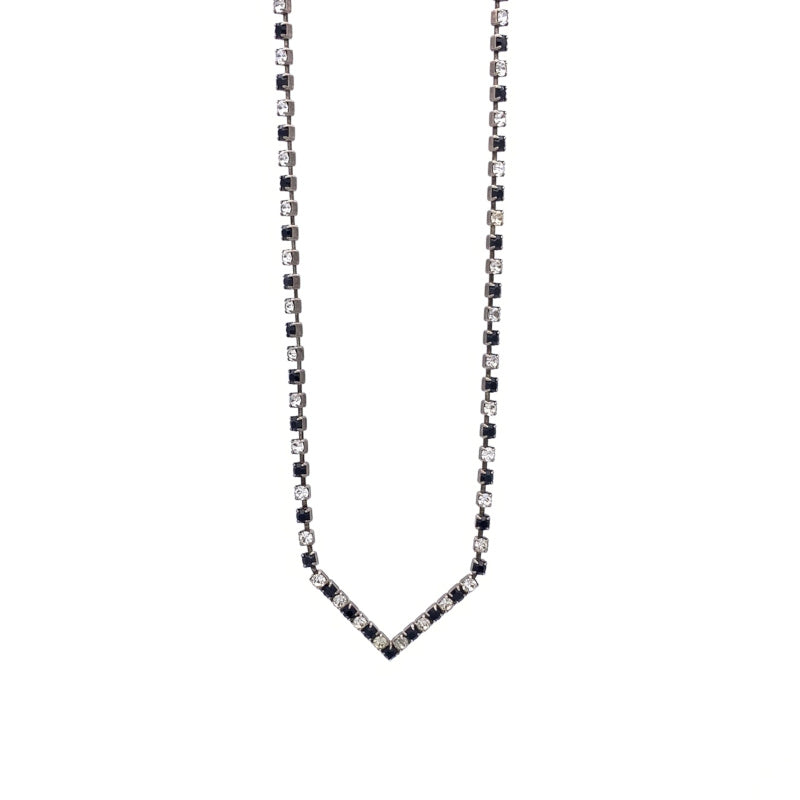 Vintage Black and Clear Rhinestone Cupchain Chevron focal Necklace, Antique Silver/Pewter tone, flip-over clasp, unmarked
