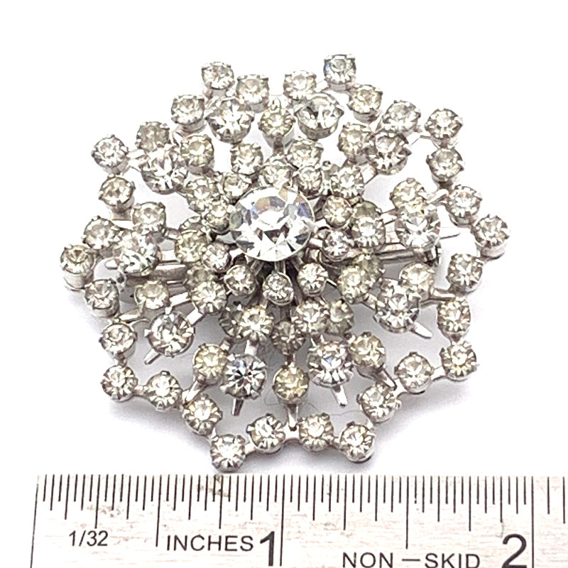 Vintage Clear Rhinestone Brooch, Silvertone, unmarked - showing measurement