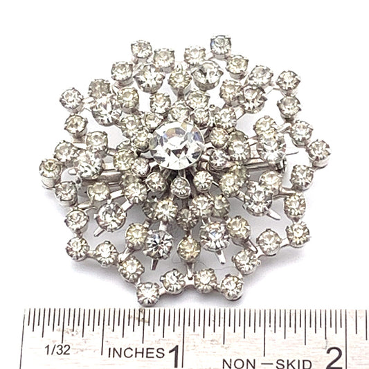 Vintage Clear Rhinestone Brooch, Silvertone, unmarked - showing measurement