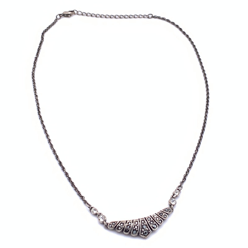 Vintage Antique Silver/Pewter tone Black and Clear Rhinestones, Art Deco-Style Chevron focal Necklace, Lobster claw clasp, unmarked