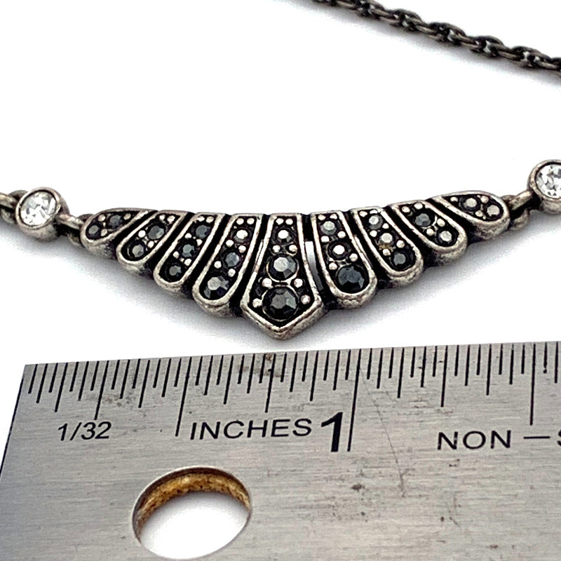 Vintage Antique Silver/Pewter tone Black and Clear Rhinestones, Art Deco-Style Chevron focal Necklace, Lobster claw clasp, unmarked showing measurement