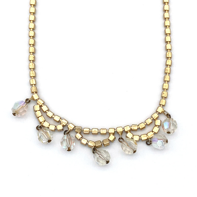 Vintage Iridescent Bead and Rhinestone Cupchain Garland/Fringe Necklace