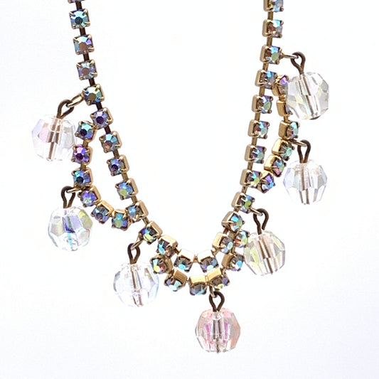 Vintage Iridescent Bead and Rhinestone Cupchain Garland/Fringe Necklace
