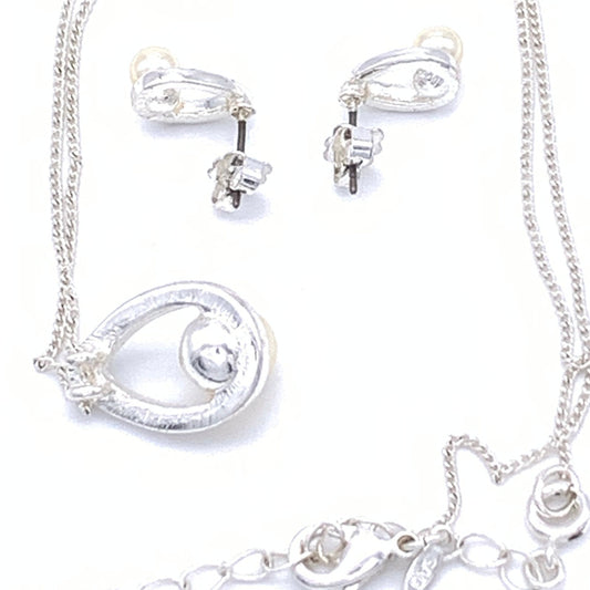Vintage SAO Silvertone and Faux Pearl and Crystal Pendant with Chain and Earring Set, Lobster Claw Clasp