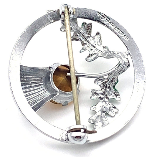 Vintage Mizpah Scottish Thistle Brooch, Silvertone, Citrine-color Rhinestone, Green Enamel