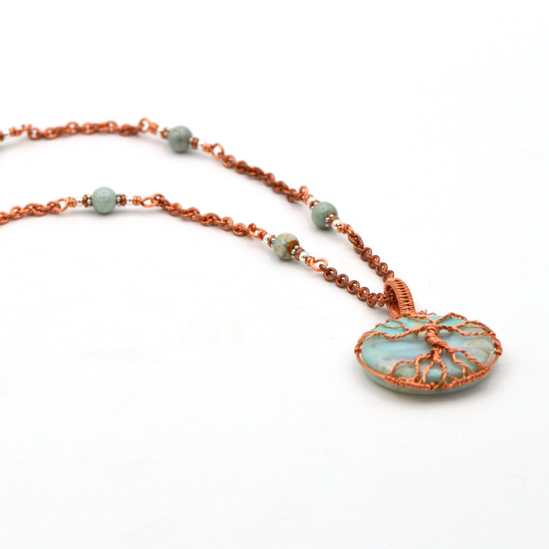 Tree of Life - Wire-Wrapped on 30 mm Round Coin Blue Terra Agate