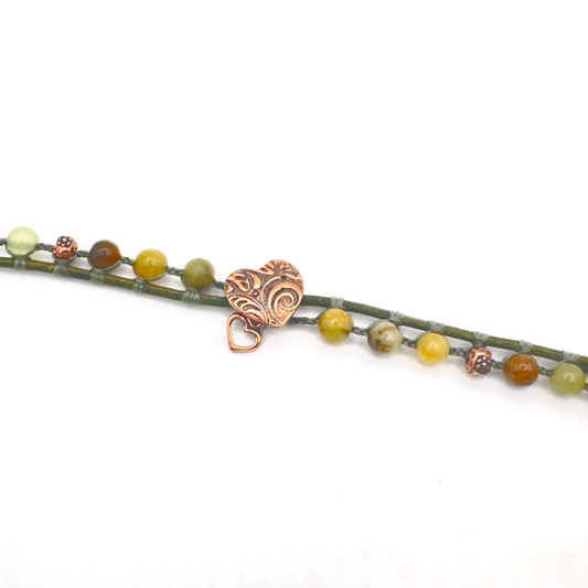 Flower Jade and Natural Green Leather Bracelet