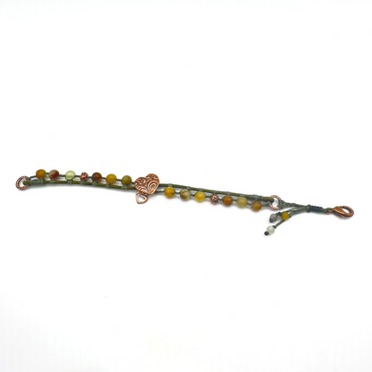 Flower Jade and Natural Green Leather Bracelet