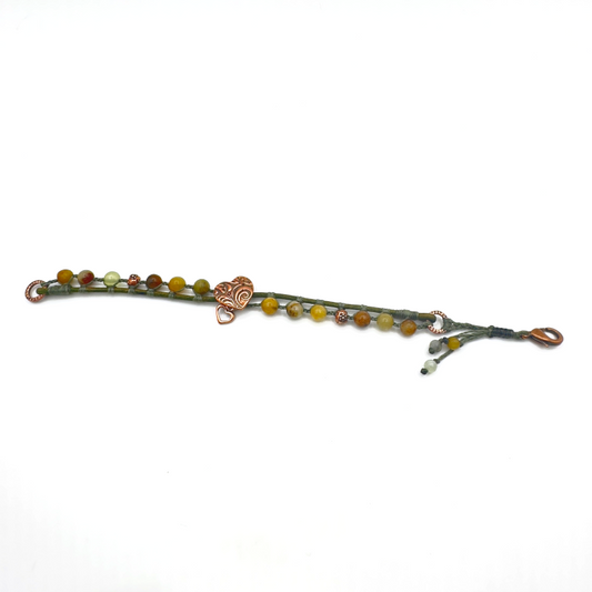 Flower Jade and Natural Green Leather Bracelet
